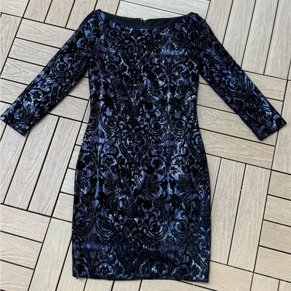 Just Cavalli black blue sequins velvet flocking long sleeve mini dress